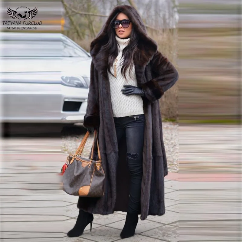 Tatyana X-Long Real Fur Mink Coat Women 120 CM Slim Mink Fur Coats With Belt Genuine Leather Fashion Mink Fur Overcoats winter