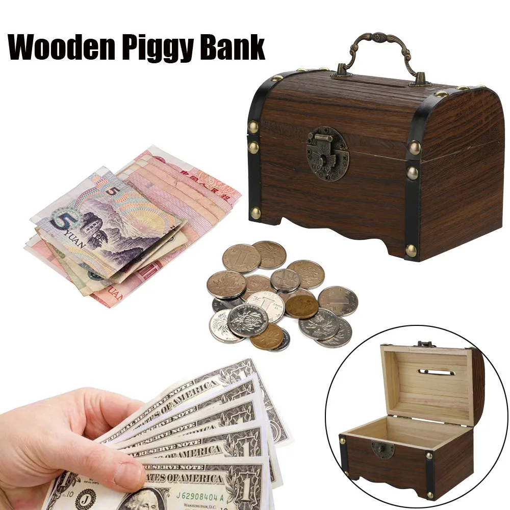 Винтажная Копилка деревянная ручная работа Запираемая детская Монета коробка бумажные деньги и монеты безопасные копилки# RN