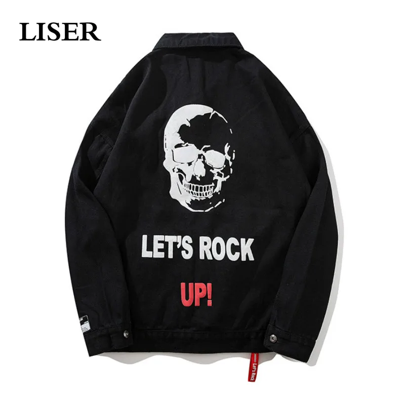 

LISER Denim Jacket Men's Hip Hop Jacket Red Black Loose Print Graphic Oversized Jacket Streetwear Harajuku Veste Homme