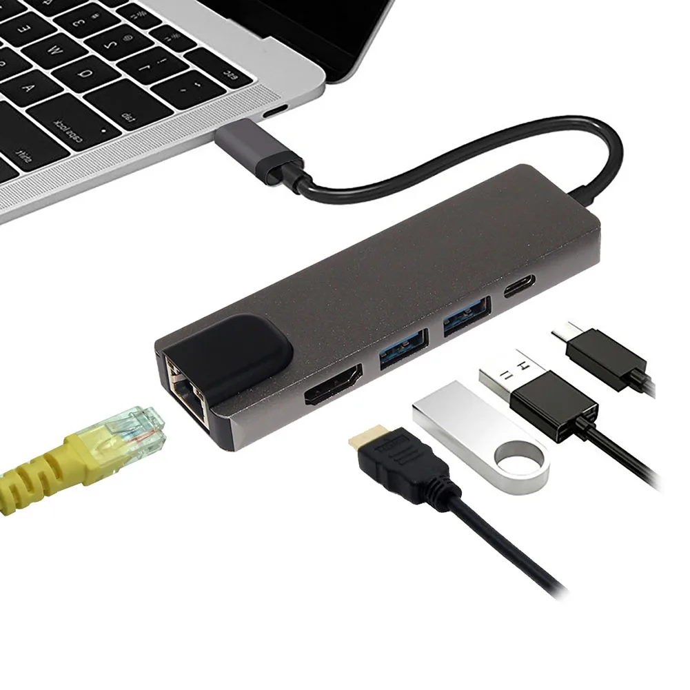 

New Type C Hub to HDMI Adapter 5 In 1 Durable For Charging Laptop USB3.0 Power Supply EM88