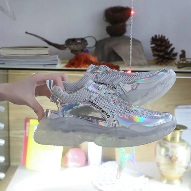 

Luxury Patchwork Silver Leather Mesh Upper Women Sneakers Round Toe Cross Tied Lace Up Shoes Woman Cut-outs Trainers Clear Heels