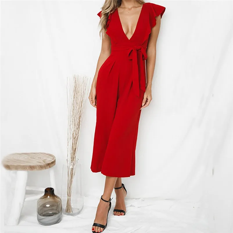 Fashion summer jumpsuit woman 2018 Sexy Deep-V Rompers Solid Short Sleeve Ruffles Long Jumpsuit pantaloni siamesi Y12#N (18)