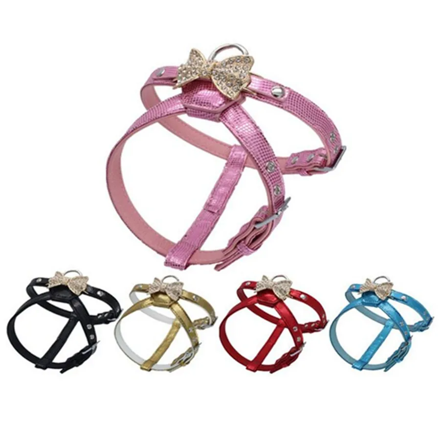 

Pet Supplies Bling Small Dog Collar And Harness Cat Training Vest Bright Leather With Bow For Puppy Chihuahua Drop Shipping