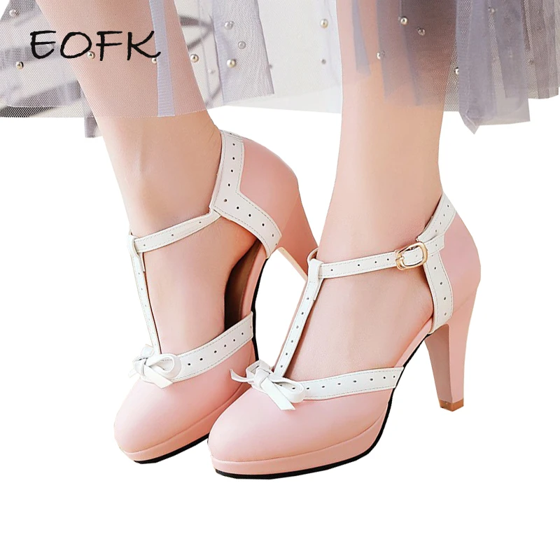 

EOFK Women's Pumps Summer T-strap Ladies shoes Medium Heels Pumps Sweet Butterfly Knot Round Toe Elegant Women Shoes