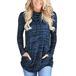 2018 осень Для женщин толстовки мода с длинным рукавом со свободным воротом тонкий твердый карман пуловеры женский топ E0994