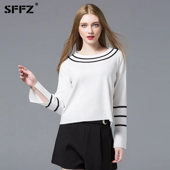 

SFFZ White knitted Pullover Sweater Women Split long Sleeve Knitting Pullover Casual Spring Jumper Pullovers Simple Tops