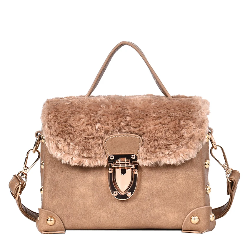 

FENGFU 2018 New Fashion Women Handbags Plush Fur Metal Hasp Shoulder Bags PU Leather Lady Messenger Bags Square Tote Briefcase