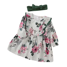 Детская одежда из хлопка платье с цветочным рисунком и длинными рукавами для девочек+ зеленая детская лента для волос, платье Vestidos