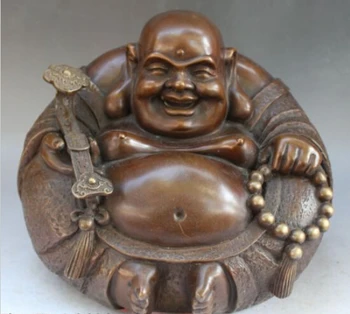 

RHS0093 11" Chinese Bronze Wealth Seat Happy Laugh Maitreya Buddha Hold Ru Yi Statue