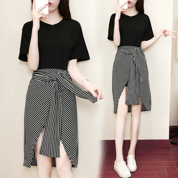 

big woman suit size M -5XL long women's summer 2018 new sweatshirt & higher waist plaid stripe skirts two-piece outfit girl