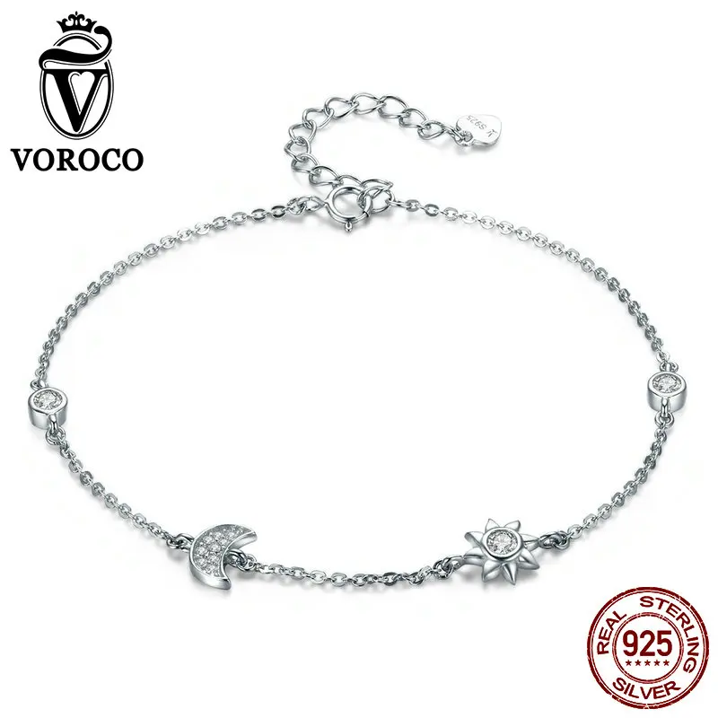 

VOROCO Real 925 Sterling Silver Jewelry Female Sun and Moon Glitter CZ Stone Bracelet Clear Zircon Party Wedding Gift BKB081