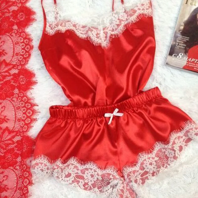 

Lace Eyelash Casual Pajamas Women Nightgown Home Sexy Sweet Bow Camisole & Shorts Pyjama 2019