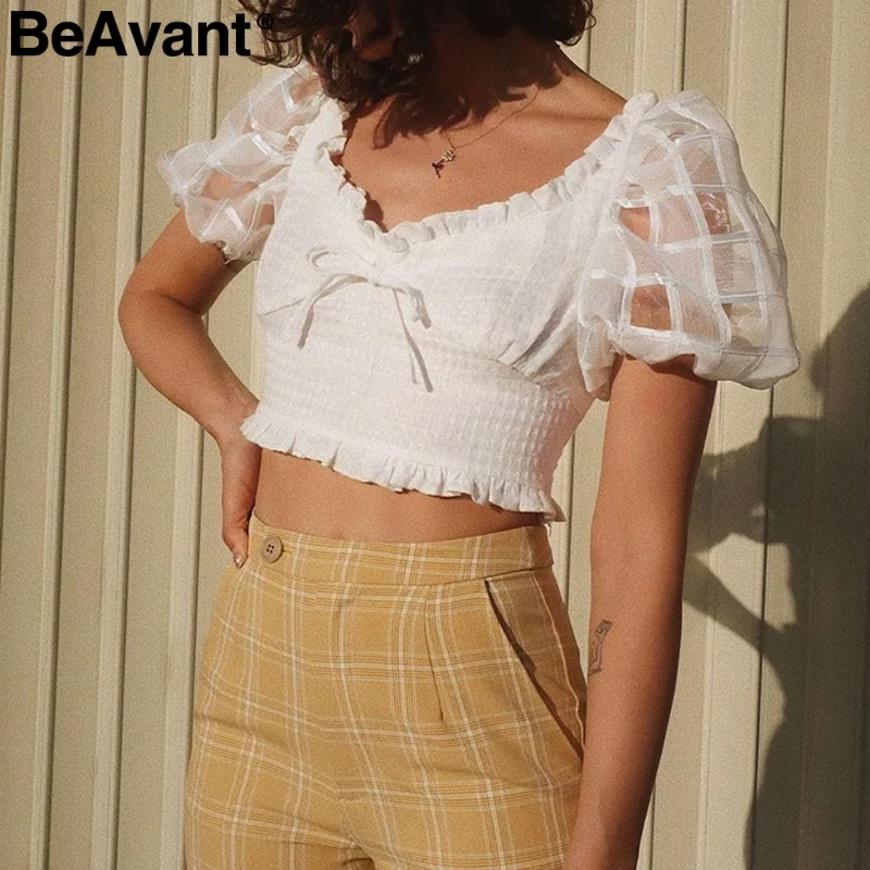 

BeAvant Mesh puff sleeve female tank tops Rudffled buttons women white plaid tops camis Summer streetwear ladies crop tops 2019