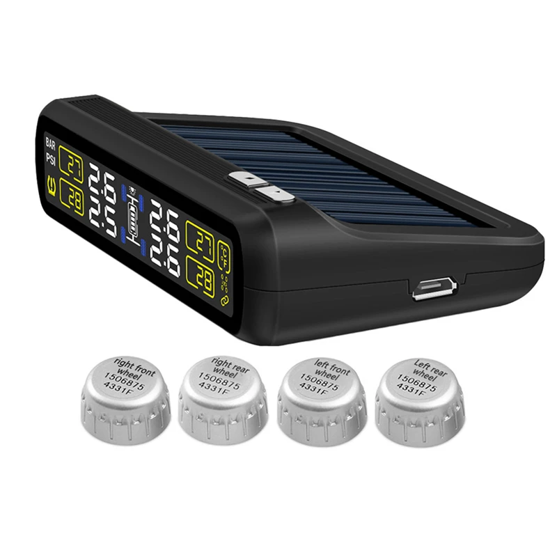 

T881 Solar Tire Pressure Control System TPMS WI Connection Auto-pair LCD Display with 4 External Sensors Black Color