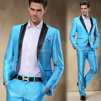 

2016 New Arrival Sky Blue Satin Groom Tuxedos Slim Fit 2 Pieces Mens Wedding Prom Dinner Party Suits Best Man Suit Custom Made