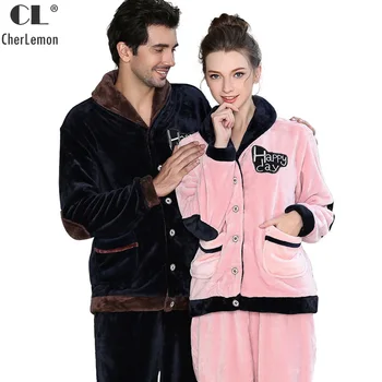 

CherLemon Couples Warm Flannel Pajama Set Lovely Shawl Collar Patchwork Winter Coral Fleece Pyjamas Sleepwear for Women and Men
