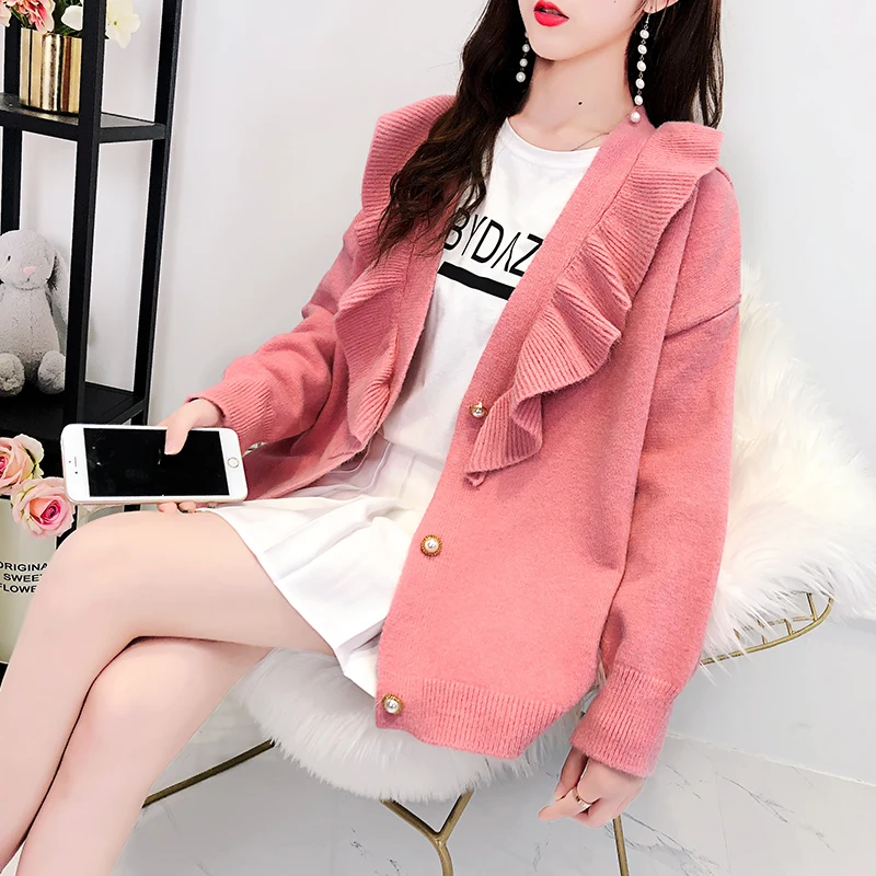 

ruffles knitted women sweaters and cardigans solid loose pink sweet princess style beaded elegant outwear coat tops