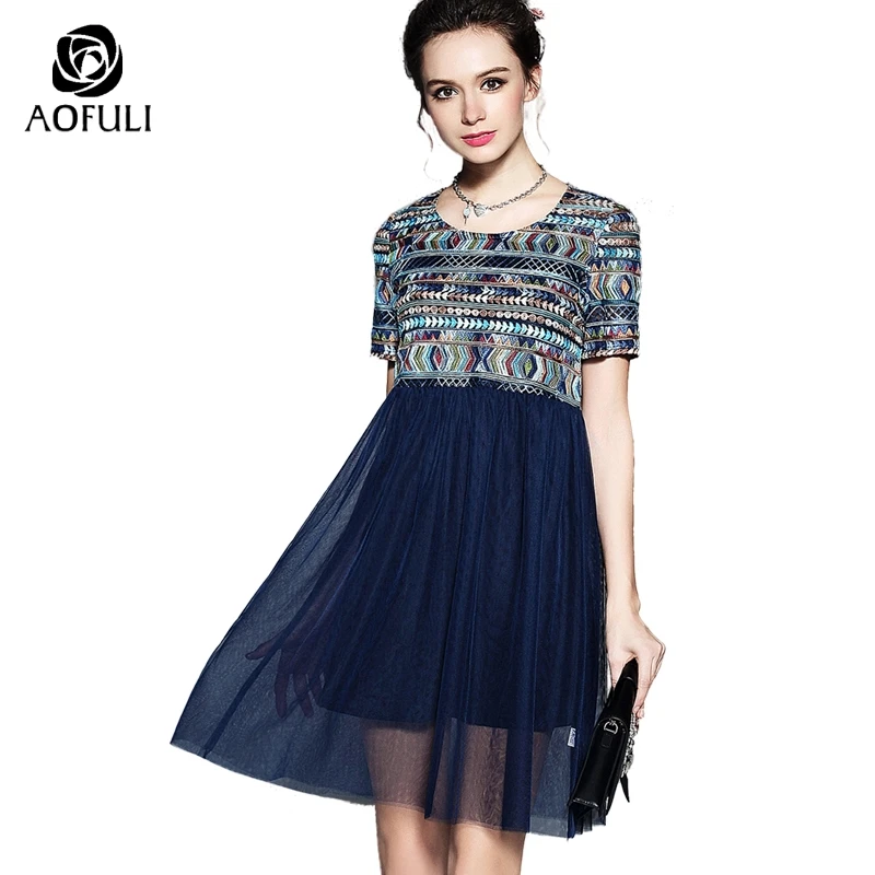 AOFULI S XXL Ladies Ethnic Embroidery Blue Dress Summer Fashion Geometric Short Sleeve Casual
