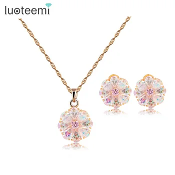 

LUOTEEMI New Russian Hot Design Luxury Perfect Champagne Gold-Color Rainbow Cubic Zircon Girls Flower Necklace Earrings Set