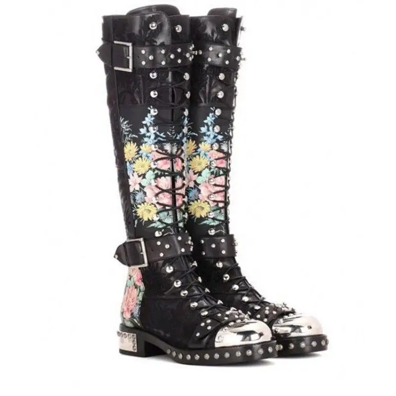 

Hot Sale Women Black Original Leather Boots Rivet Mid Long Floral Lace Up Shoes A23