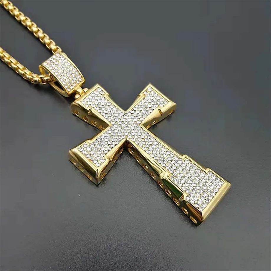 

Men's Necklace Iced Out Rhinestones Big Cross Pendant Necklace For Men Gold Color Stainless Steel Chain Hip Hop Jewelry