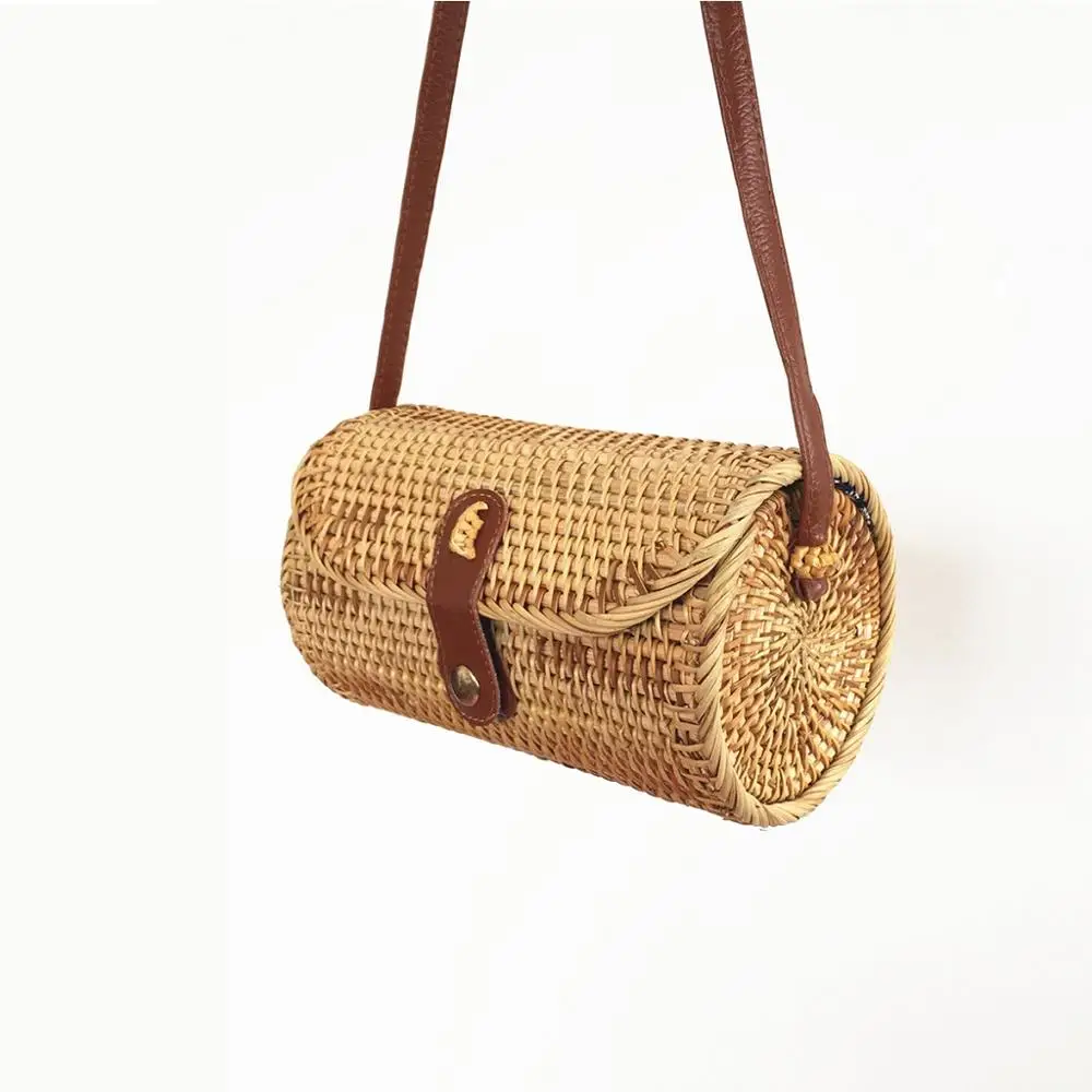 

Retro Style Rattan Woven Bag Natural Fashion Beach Handbag For Ladies Storage Basket Round Straw Tote