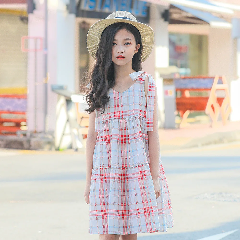

Teenage Kids Dresses for Girls Princess Dress Pink Blue Plaid Sling Dress 2019 Summer Children Clothes Kids Outfits 10 12 Years