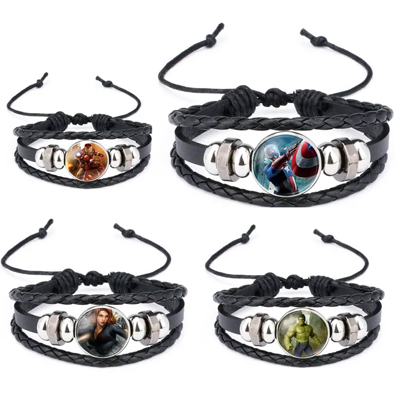 

Marvel The Avengers Bracelet Superhero Captain America Iron Man Black Widow Hulk Time Gem Leather Charm Bracelet A Lot/10pcs