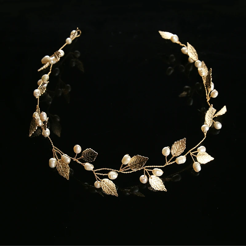 

Hot Gold Leaf Headband High Quality Handmade Pearl Wedding Headdress Bride Hair Accessories Handmade Wedding Bride Headband