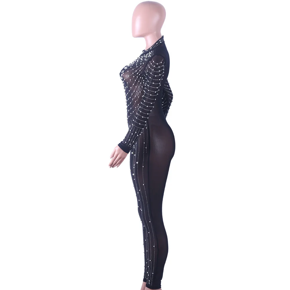 glittering embellished mesh skinny jumpsuit