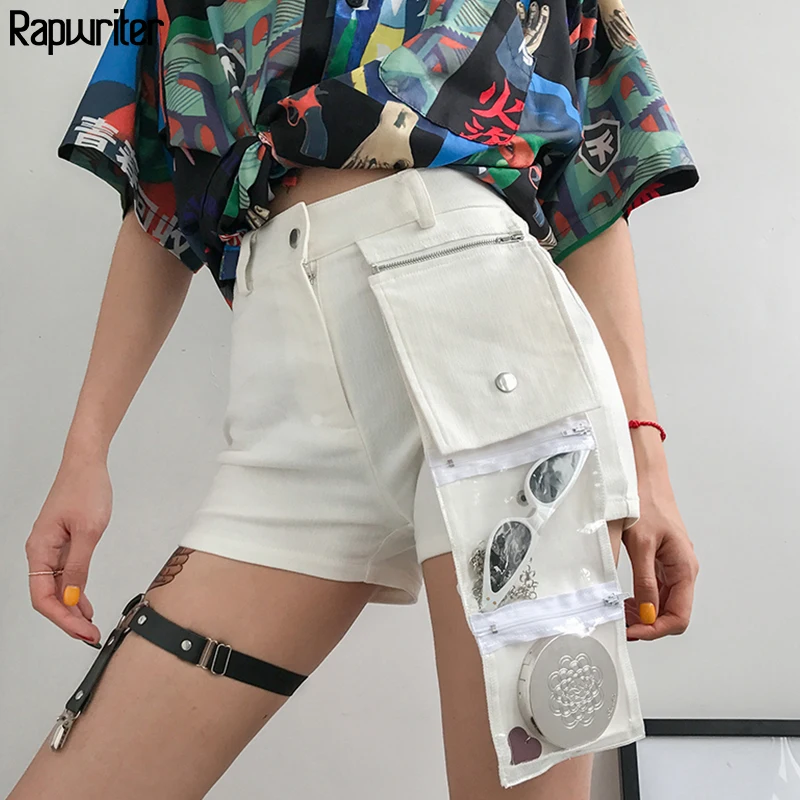 

Rapwriter Casual Harajuku White Denim Shorts Women 2019 Summer Streetwear High Waist Shorts With Bag Cotton Short Pants Button