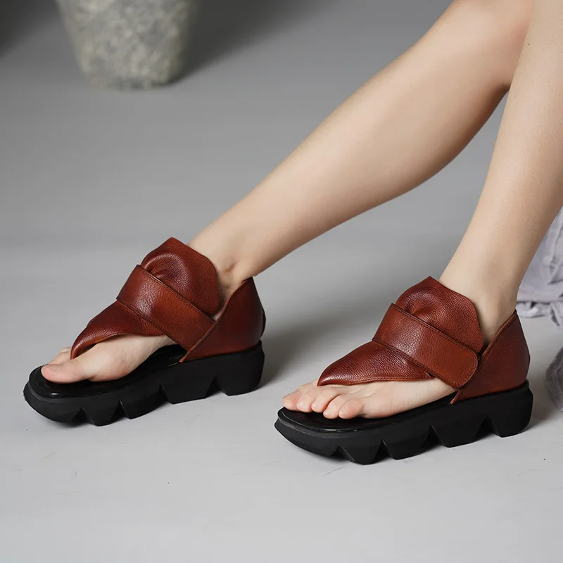 

JELLYFOND Cow Genuine Leather Sandals Summer Women's Shoes Platform Wedge Flip Flop Sandalias 2019 Summer Thick Sole Shoes Woman