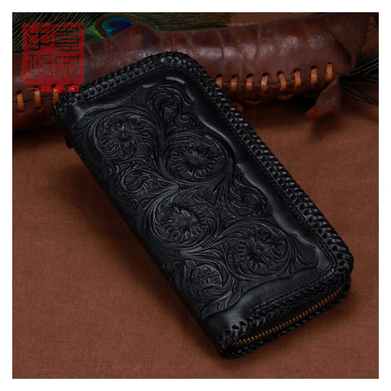 Original leather carving long large capacity zipper wallet First layer leather vegetable tanned leather Tang grass Japanese styl Original leather carving long large capacity zipper wallet First layer leather vegetable tanned leather Tang grass Japanese styl