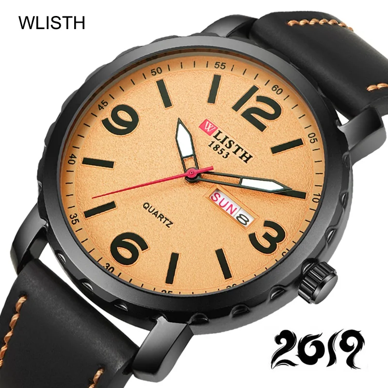 

WLISTH Sport Week Wrist Watch Men Luxury Genuine Leather Quartz Watch Waterproof Day Date Clock Mens Wristwatch Relojes Hombre