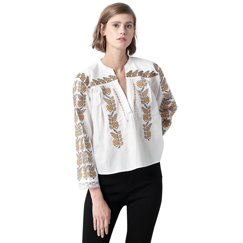 

Women White Loose Short Blouse Bohemian Flower Embroidery Heavy Cross Stitch Shirt Top