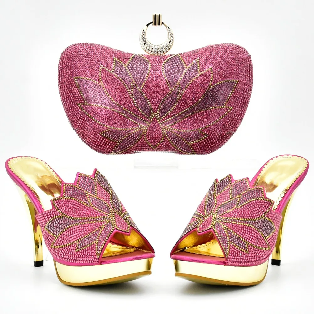

4inches fushia pink shoes slippers women with matching clutches bag size 37 to 42 on sales shoes and bag matching set SB8140-1