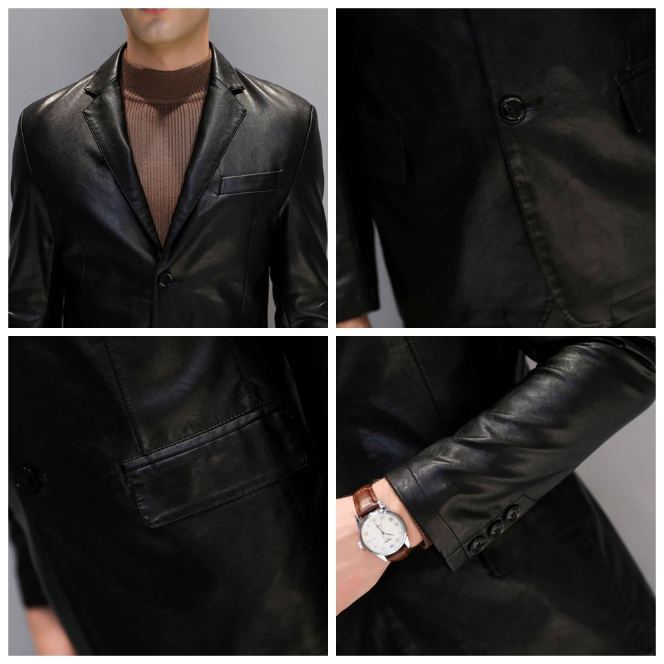 Men Slim Cut Leather Jackets Man Leather Windbreaker Notch Lapel Suit Casual Faux Leather Outerwears Mid-Length Jacket Outerwear Men Slim Cut Leather Jackets Man Leather Windbreaker Notch Lapel Suit Casual Faux Leather Outerwears Mid-Length Jacket Outerwear