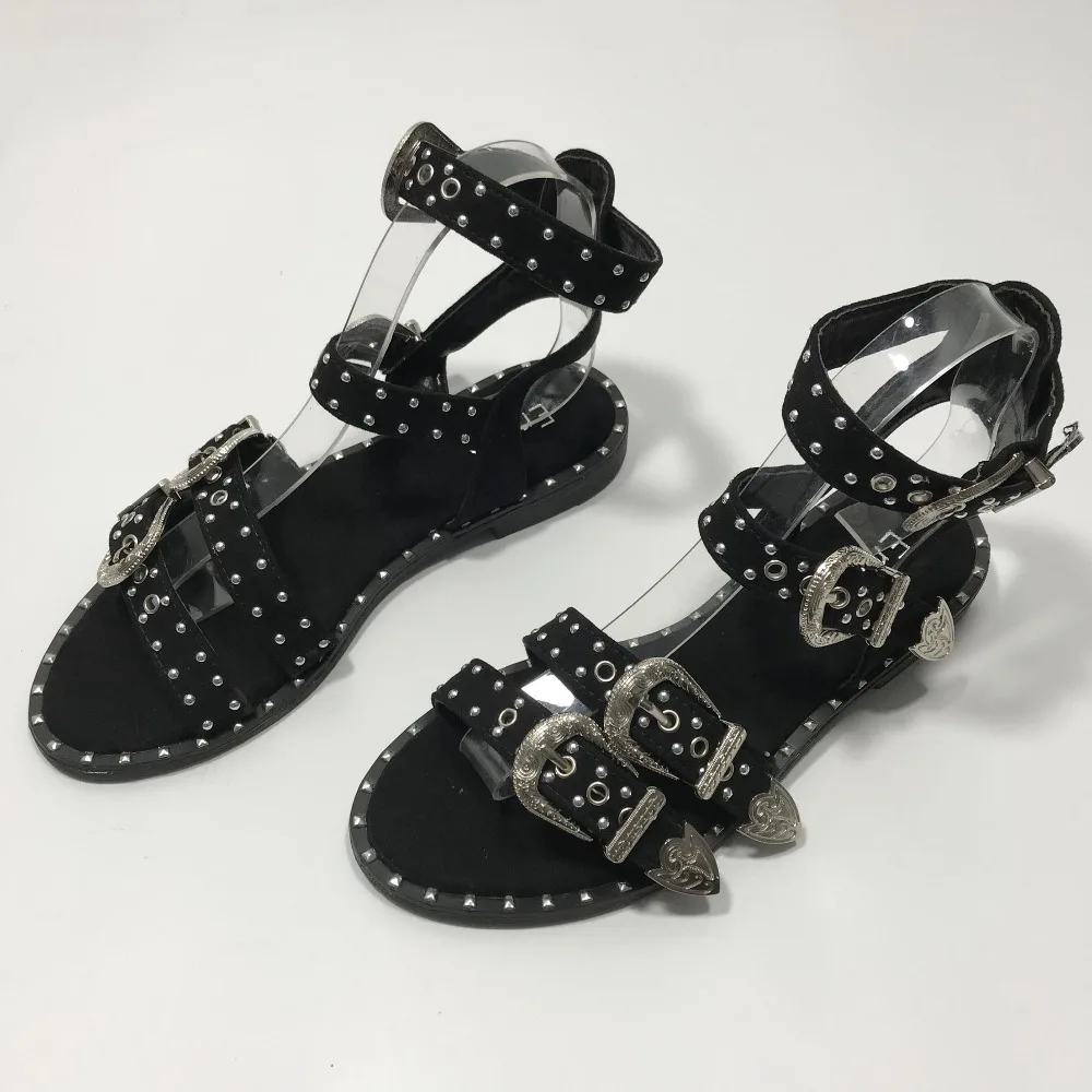 

Summer Multiple Buckle Rivets Rivets Peep Toe Ankle Wrap Women Sandals Open Toe Metal Back Strap Flat Heels Lady Shoes