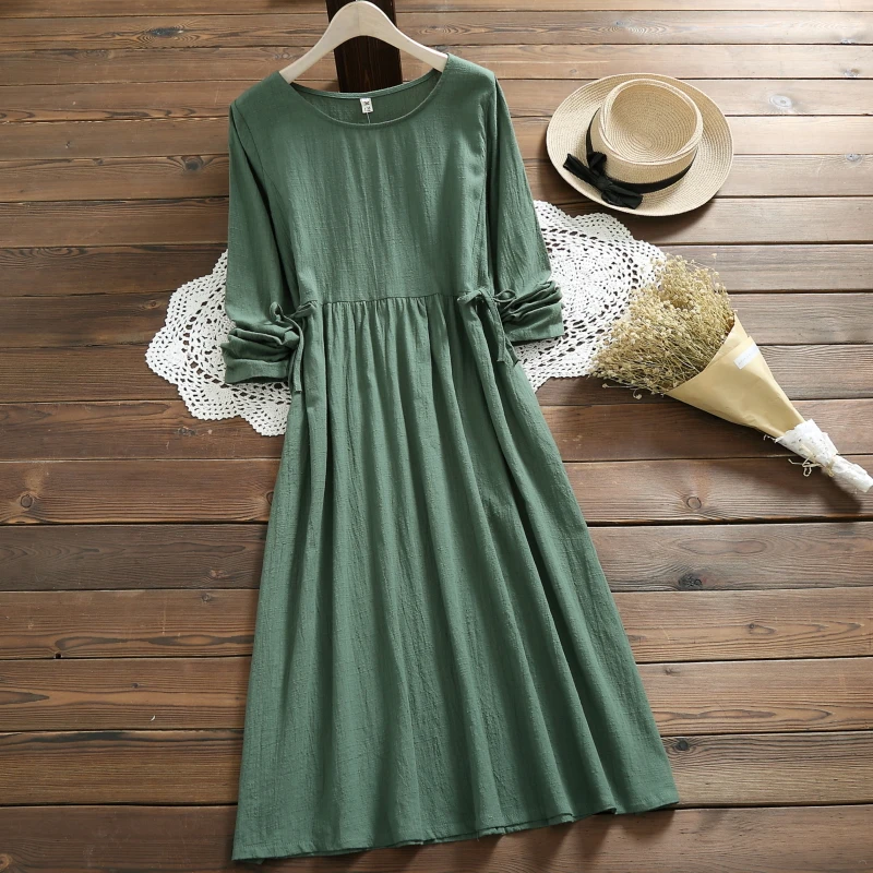

2019 Korean Spring Fall Women Midi Dress Fresh Elegant Solid Long Sleeve Femininos Vestidos Retro Cotton Linen Lady Chic Dresses