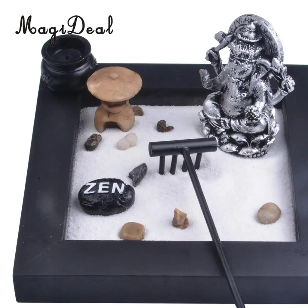 MagiDeal Japanese Zen Garden Sand Tray Buddha Stones Fengshui Meditation Landscape Ornament Home Club Pub Bar