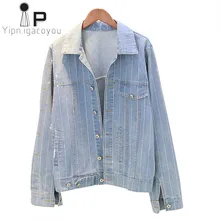 Harajuku джинсовая куртка для женщин осеннее пальто Дамская полосатая Алмазная джинсовая куртка женская одежда с длинным рукавом базовое Женское пальто