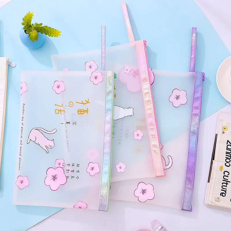 

Japanese stationery Cute Pink Cherry Cat Laser Waterproof Zipper File Bag Kawai PenBag Document File Folder Stationery Organizer