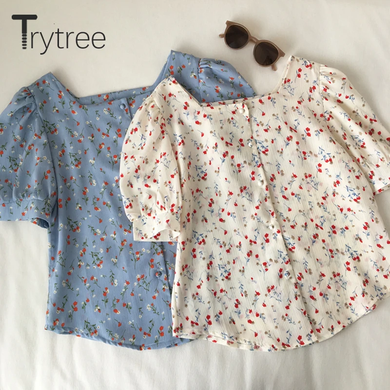 

Ttytree 2019 Spring summer Blouses Casual shirt Women Chiffon Polyester Button Printing Square Collar Flower Tops White Shirts