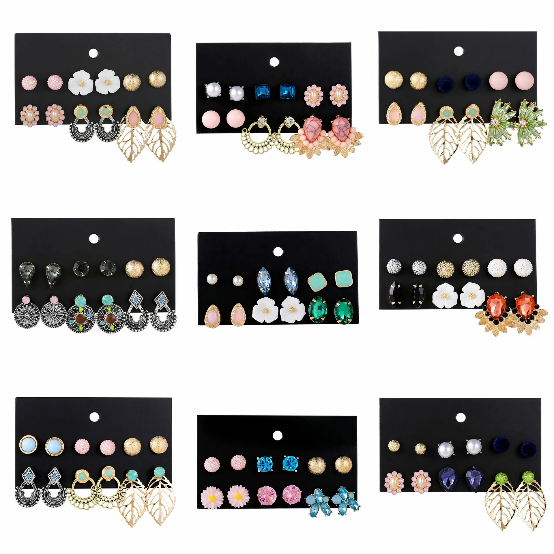 

New European and American Retro National Wind White Flower Ear Ring Acrylic Shell Ear Nail 6PCS Suit Water Drill Shiny Ear Nail