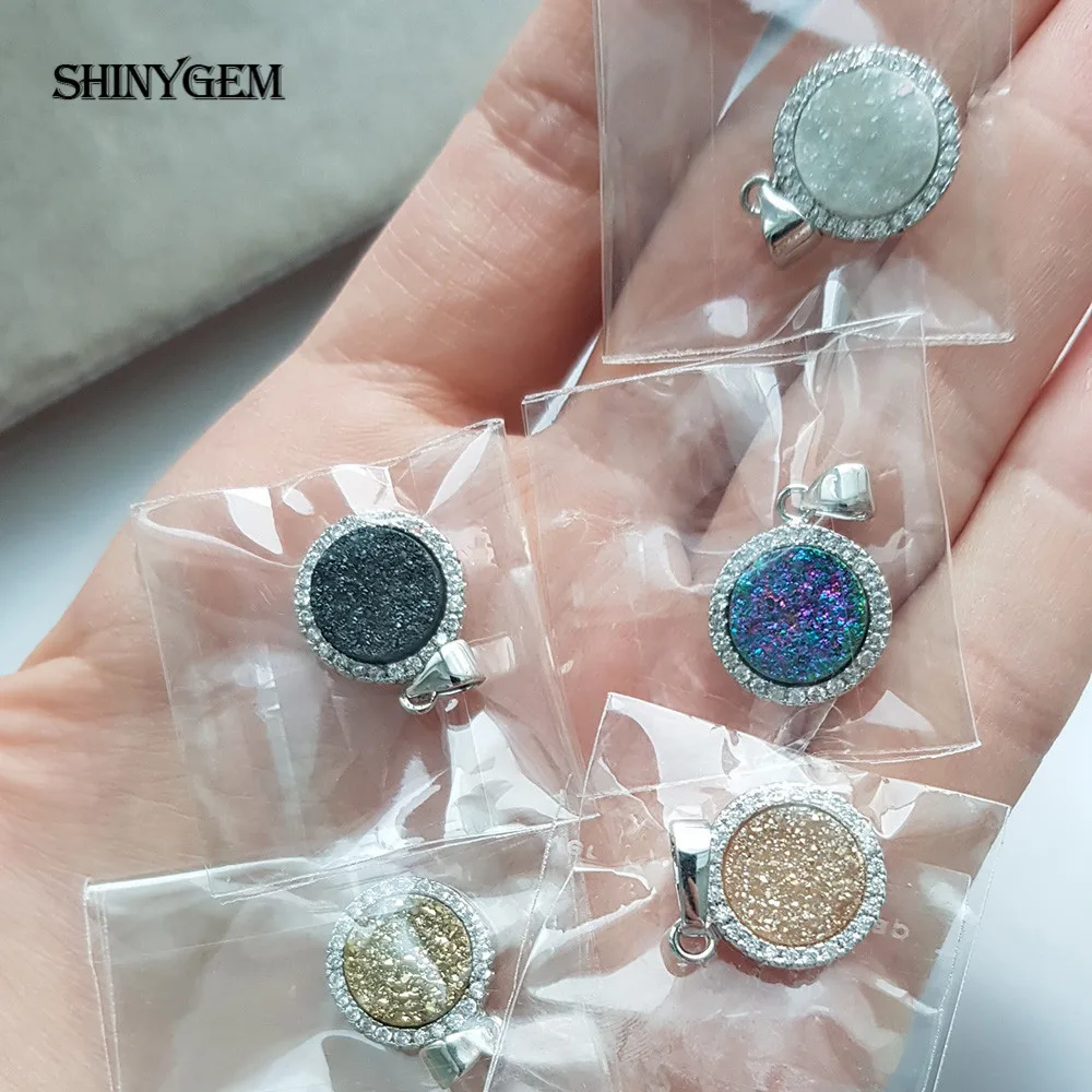 ShinyGem модный посеребренный Кулон Druzy 7 цветов круглый натуральный кварцевый