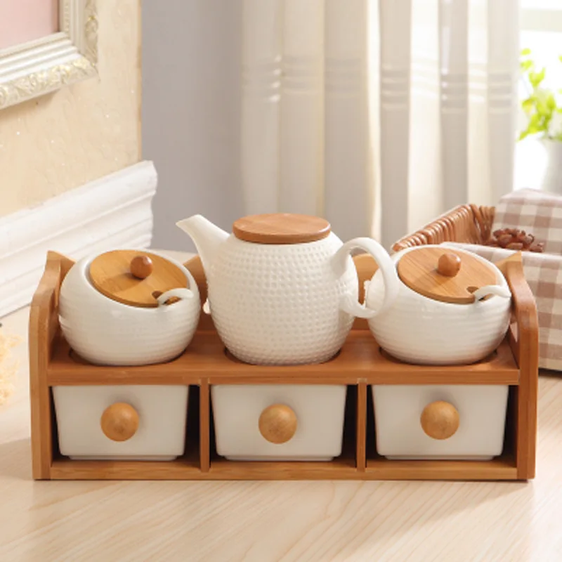 European Style Seasoning Caster Pot Kitchen Condiment Gravy Boats Salt Pepper Storage Box Double Shelves Kitchen Spice Rack