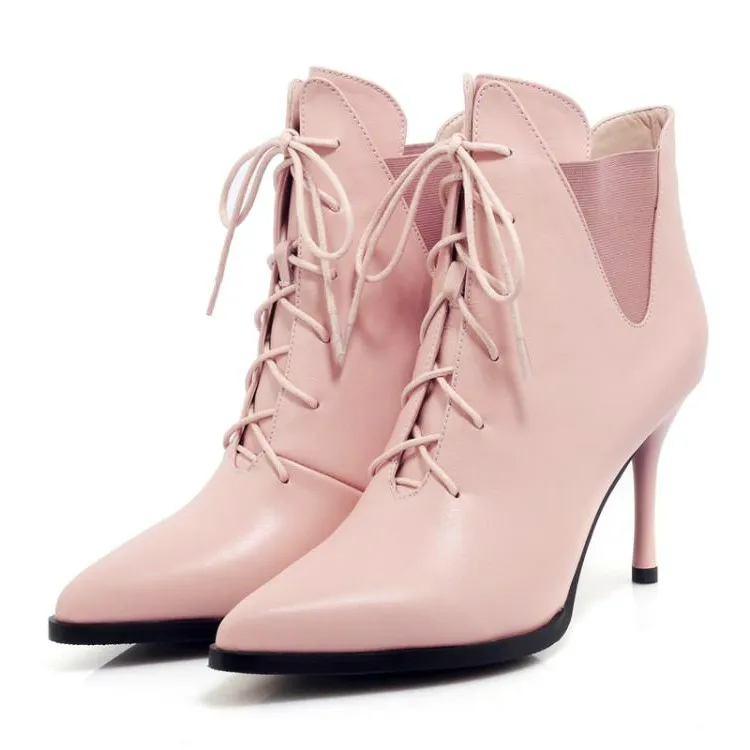 Rose Pointu Supérieure Chaussons Noir À Cheville Mode Croix Liée Pour Bottes Femmes Bout Coudre Haut rose Chic En Cuir Talons Dames Chaussures Noir Femme wOP0nk