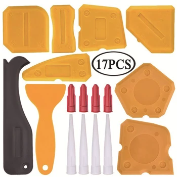 

New 17pcs/set Caulking Tool Kit Silicone Sealant Finishing Tool Grout Scraper Caulk Removal Tool Caulk Nozzle Caulk Caps Yellow