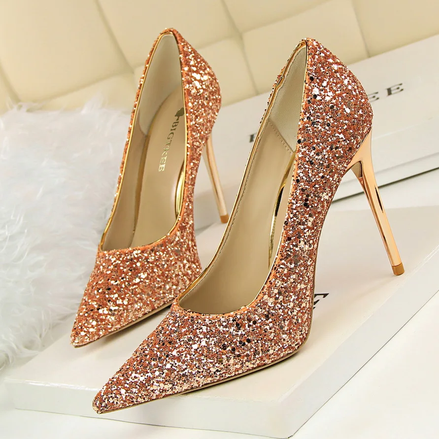 

Poinets Toe Women Pumps 2017 Temperament  Shiny Sequins Sexy  High-heeled  Women's Shoes 8 Colour