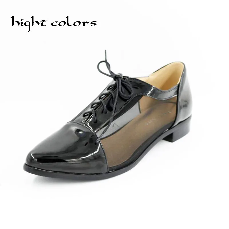 Модные туфли из лакированной кожи на каблуке в британском ретро-стиле; женские туфли-оксфорды на плоской подошве с острым носком на шнуровке; большие размеры 34-43